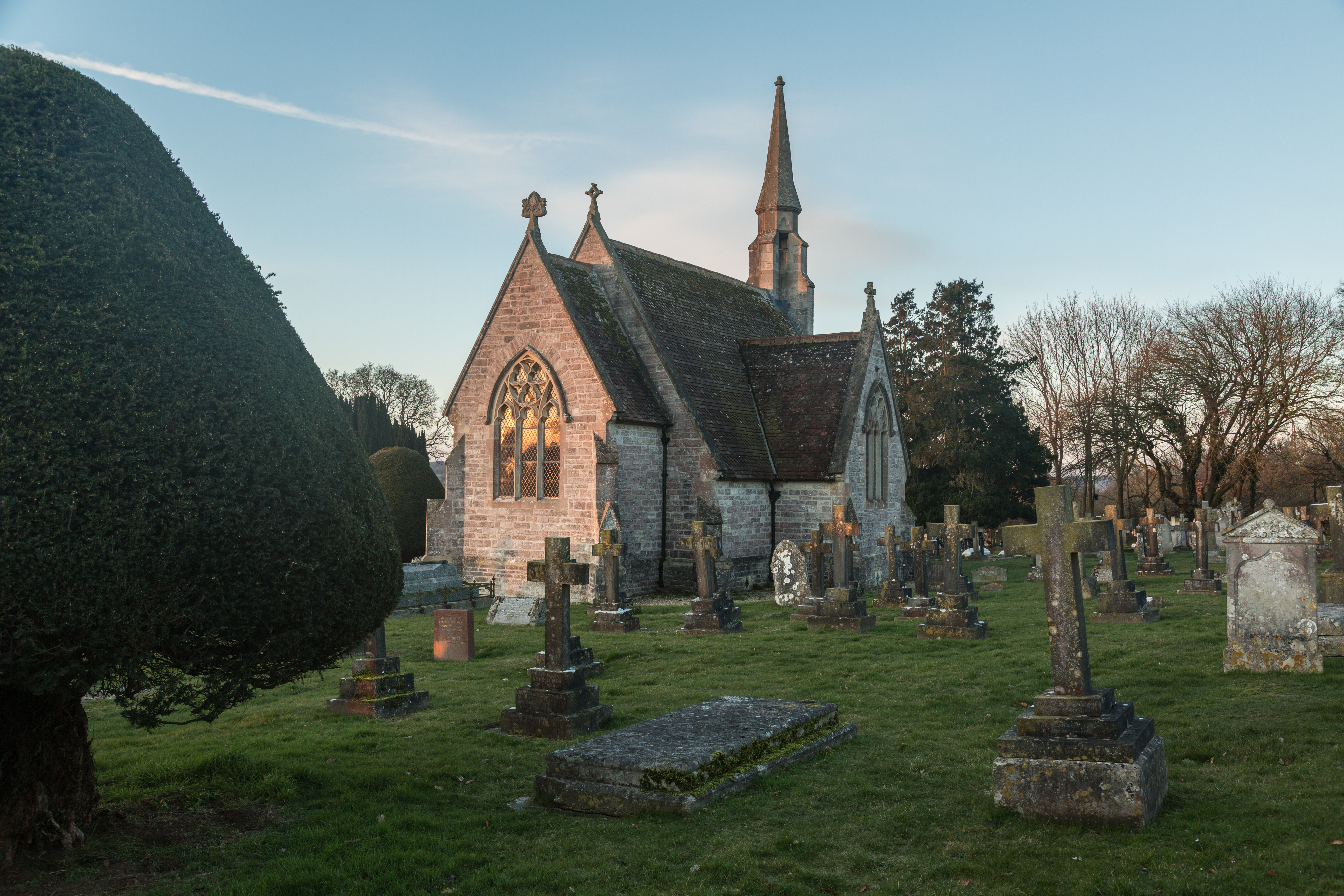 Historic chapel and gravestones at Wimborne Cemetery